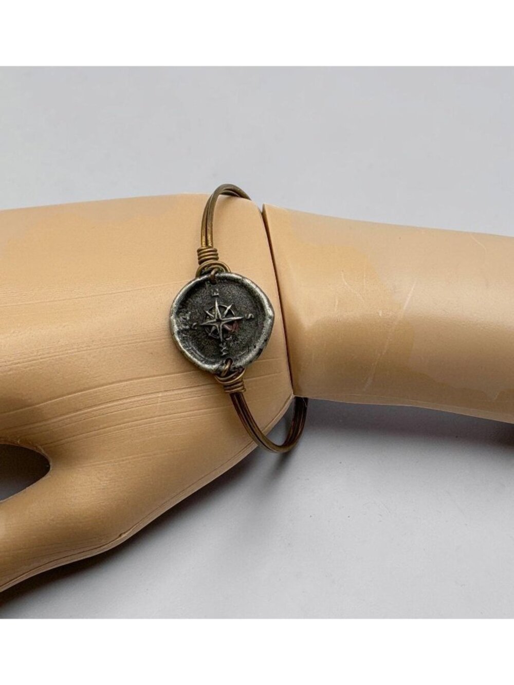 Vintage Compass Rose Bracelet Silver Tone Disc Bronze Wire Bangle Nautical